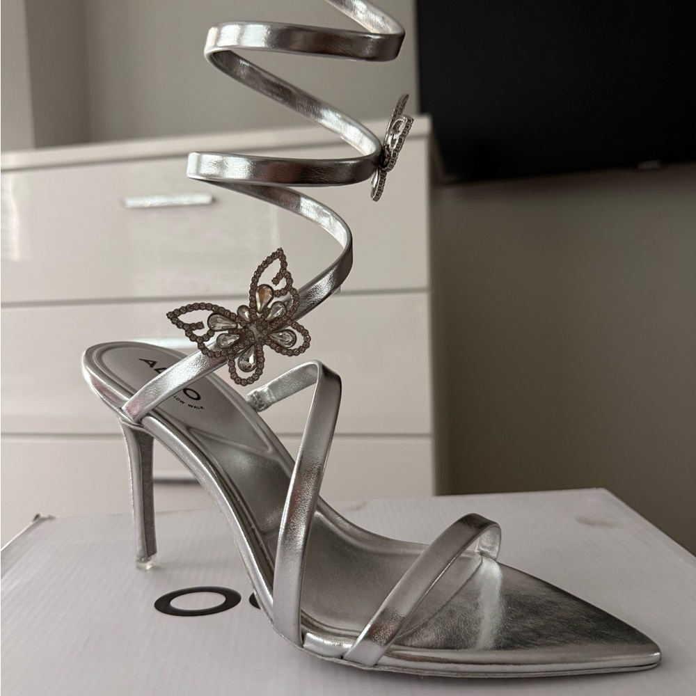 Aldo Silver Spiral Heels with Butterfly Detail